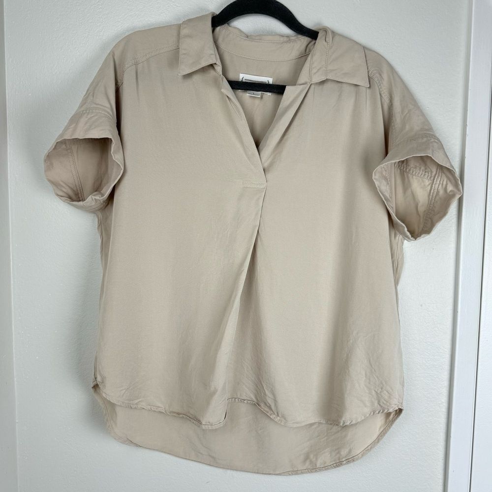 Loveriche Collared Blouse shirt Beige Tan Tencel blend work office casual sz L